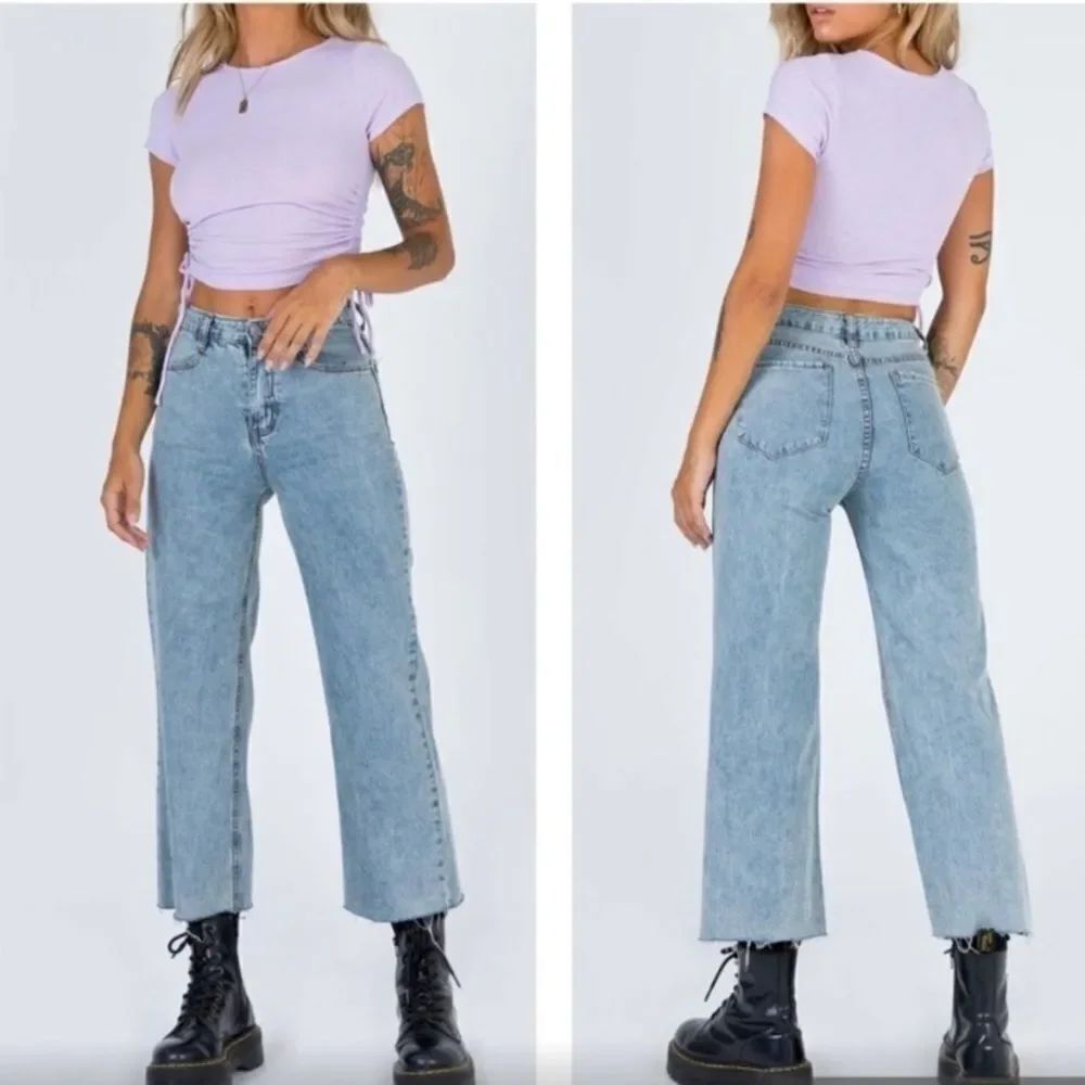 Princess Polly Helena Wide-Leg Crop Raw Hem Jeans
